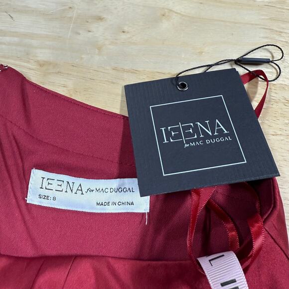 Mac Duggal NWT One Shoulder Tie Puff Sleeve Satin Trumpet Gown Deep Red Size 8 - Picture 4 of 9